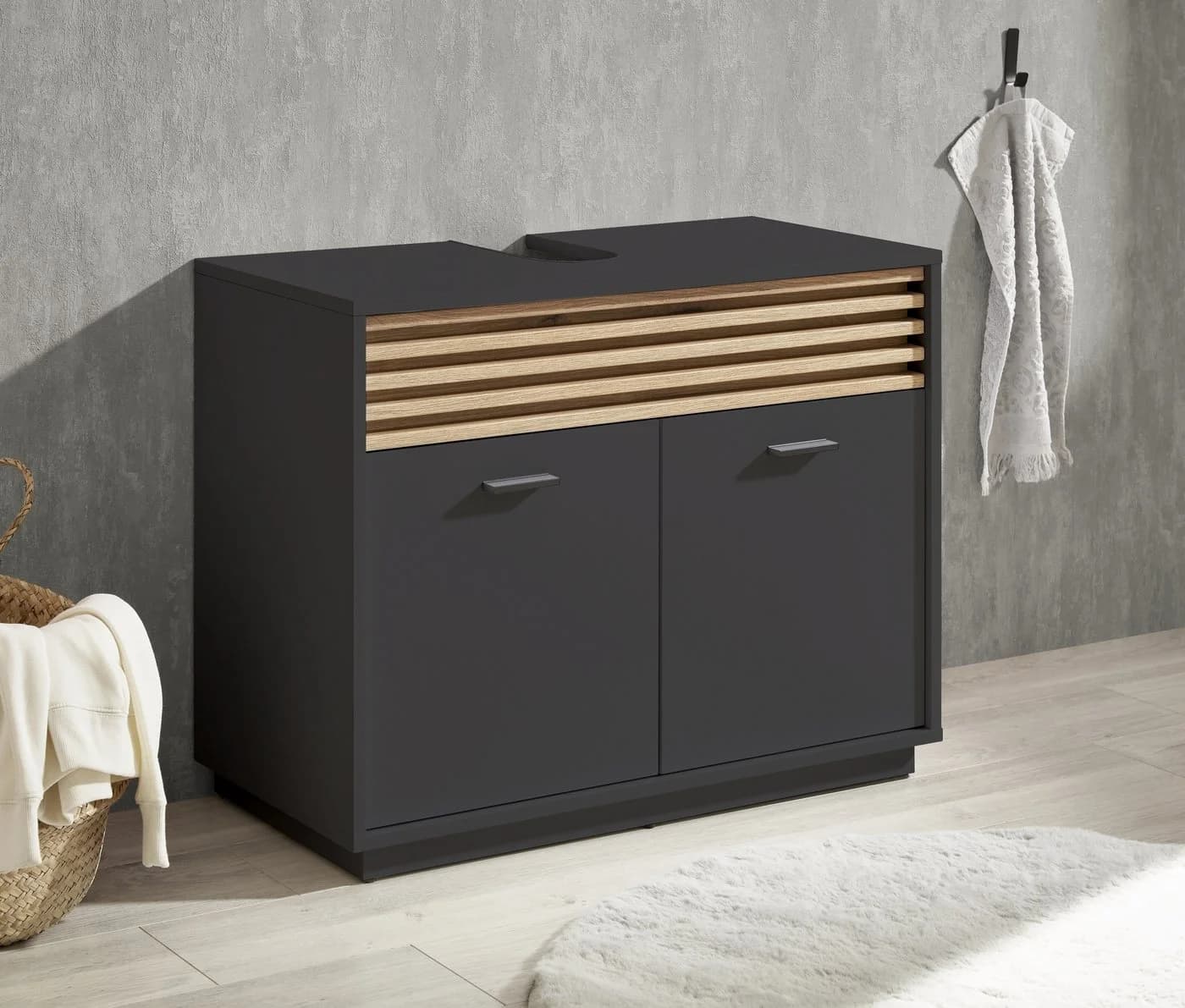 PREISBRECHER Waschbeckenunterschrank Liguria Anthrazit Eiche Dekor