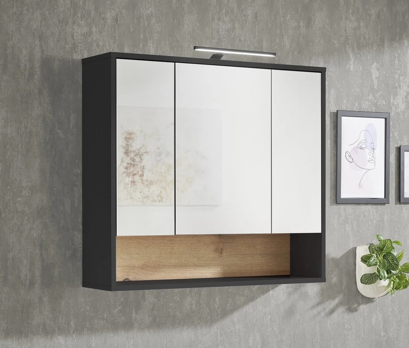 PREISBRECHER Badezimmerspiegelschrank Liguria Anthrazit/Evoke Eiche LED-Beleuchtung