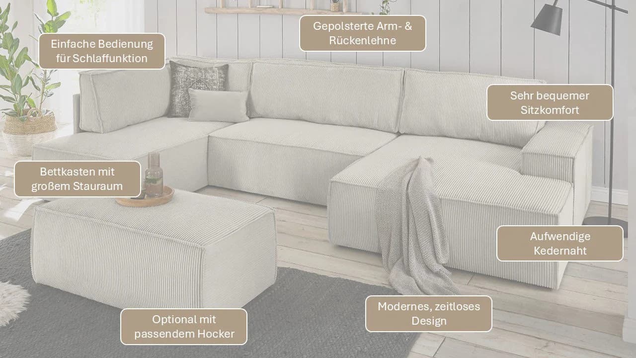 HOME AFFAIRE Wohnlandschaft SHERWOOD U-Form Beige mit Schlaffunktion - Bild 4