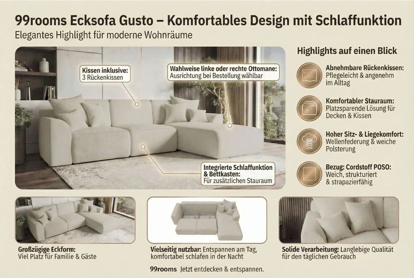 99rooms Ecksofa Gusto L-Form mit Schlaffunktion Cordstoff Blau - Bild 5