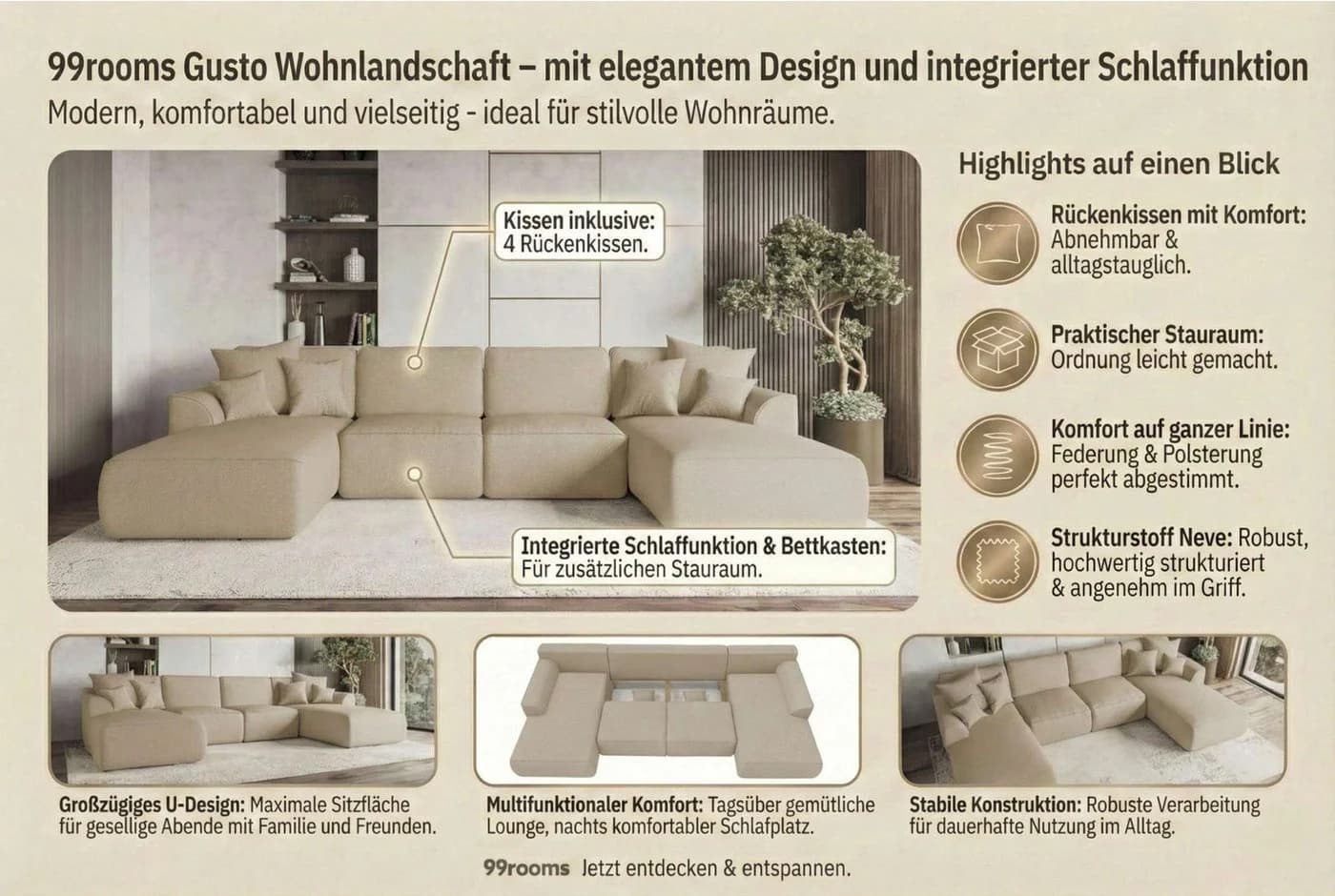 99rooms Wohnlandschaft Gusto U-Form Sofa Schwarz mit Schlaffunktion - Bild 3