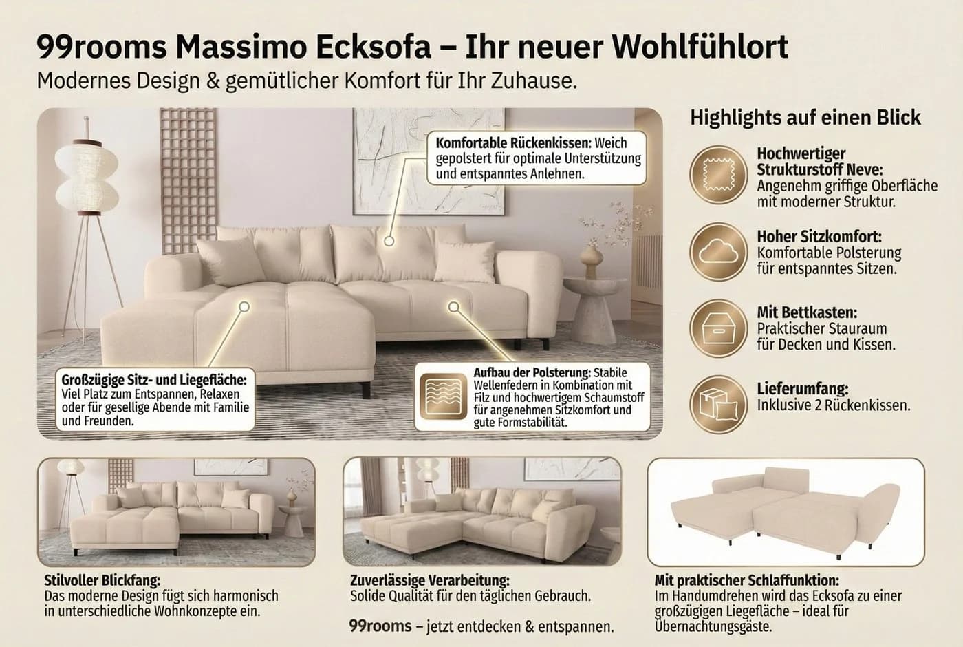 99rooms Ecksofa Massimo L-Form mit Schlaffunktion Strukturstoff NEVE Rostfarben - Bild 4