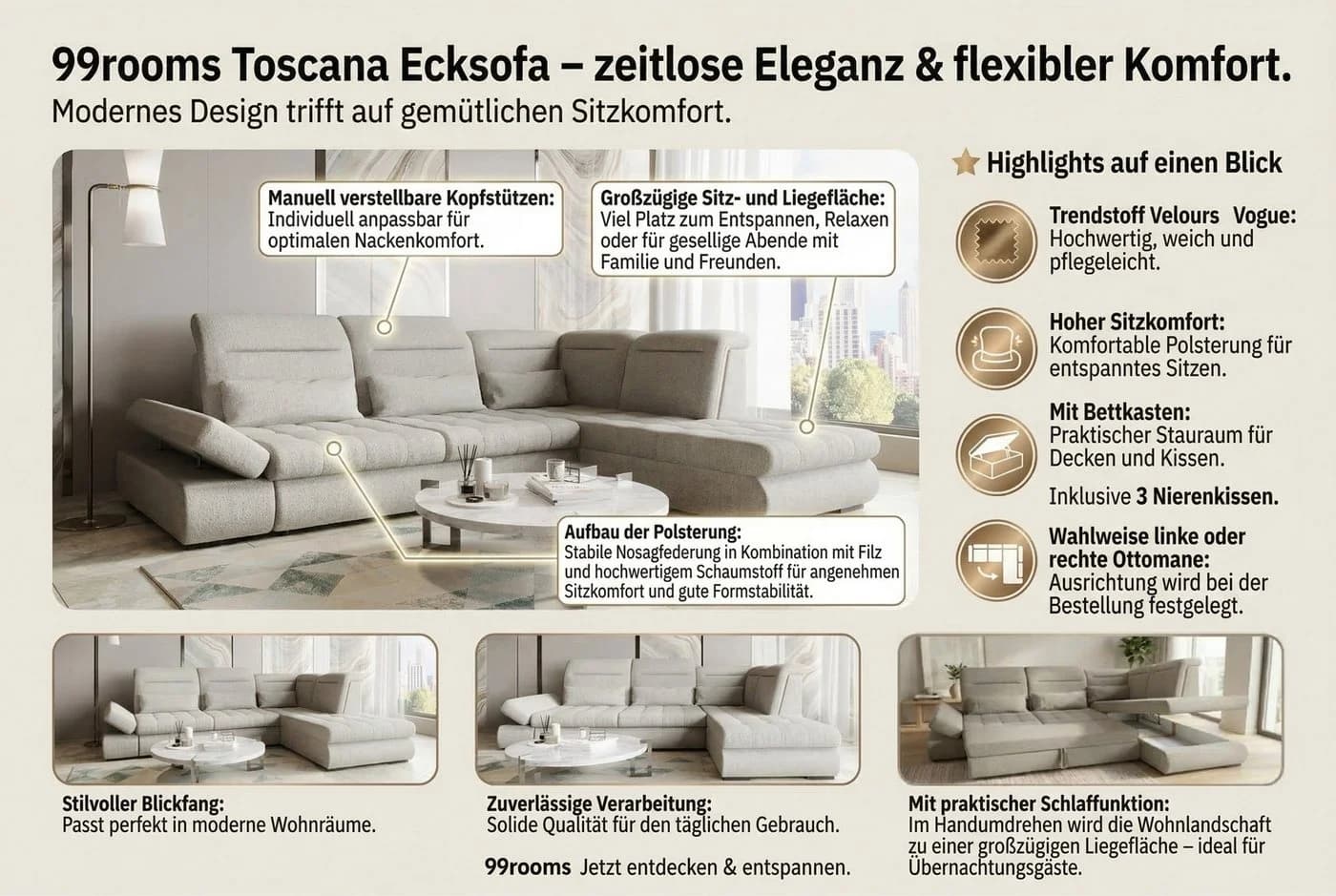99rooms Ecksofa Toscana L-Form mit Bettfunktion Wintermoos - Bild 4