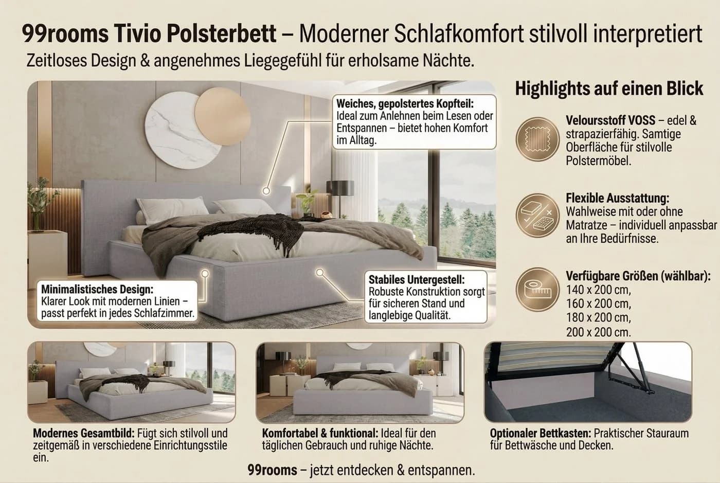 99rooms Polsterbett Tivio Grau mit Bettkasten & Lattenrost - Bild 4