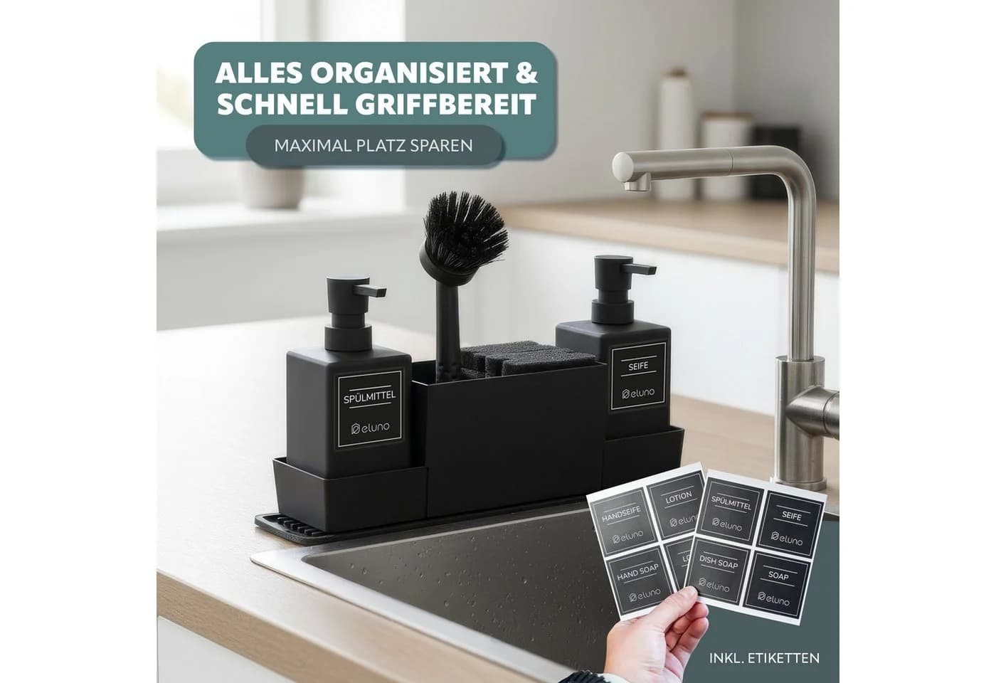 eluno Küchenorganizer-Set Spülbecken mit 2 Spendern Schwarz
