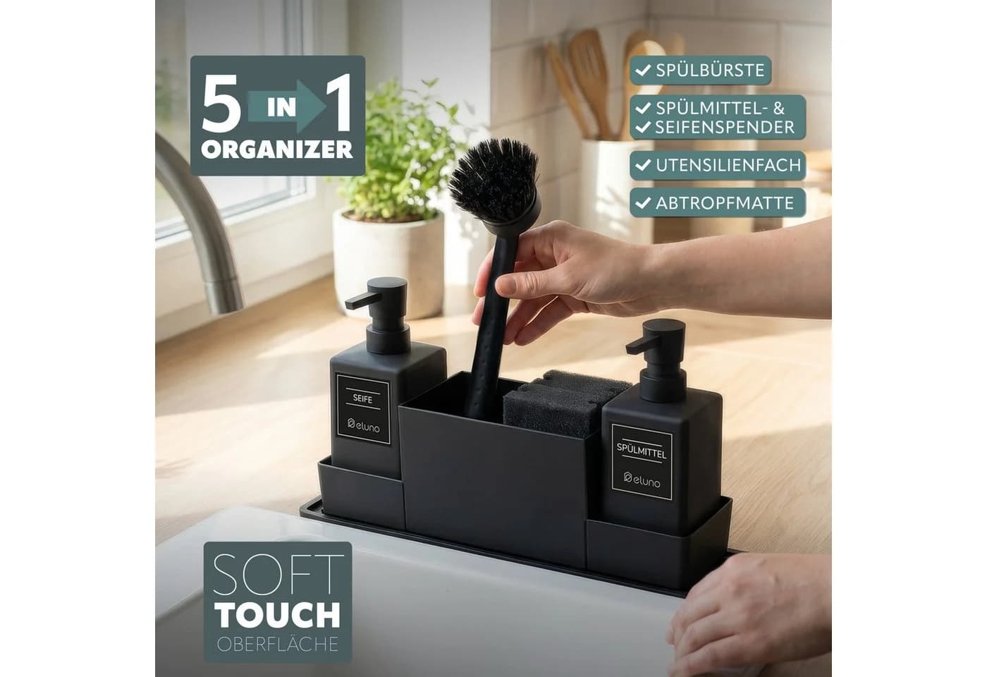 eluno Küchenorganizer-Set Spülbecken mit 2 Spendern Schwarz - Bild 3