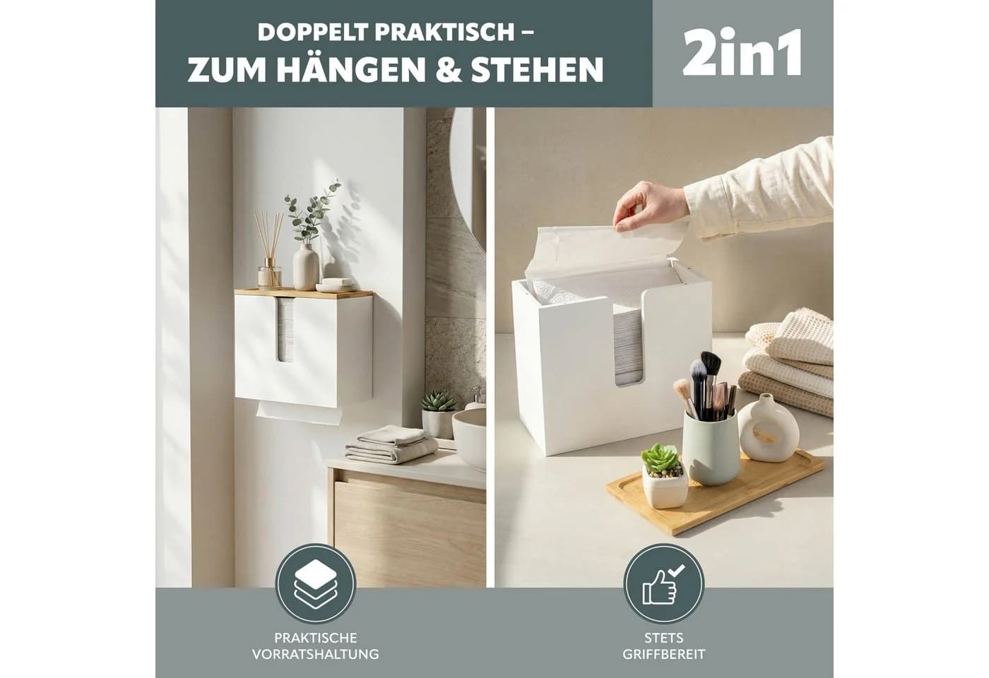 eluno Papiertuchspender Bambus Weiß Wandmontage Freistehend
