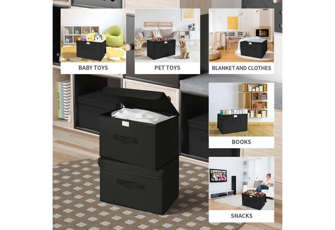 LuxusKollektion Faltbox 2er Set Schwarz mit Deckel und Griff - Bild 4
