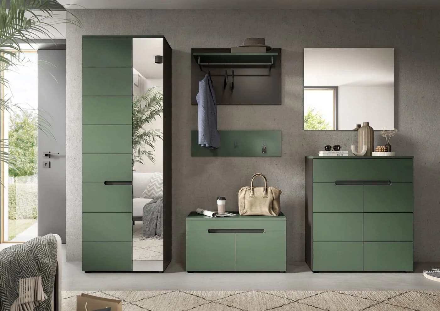 INOSIGN Garderoben-Set Rehat Garderobenkombination 255cm Basalt Grau Smoke Green - Bild 1