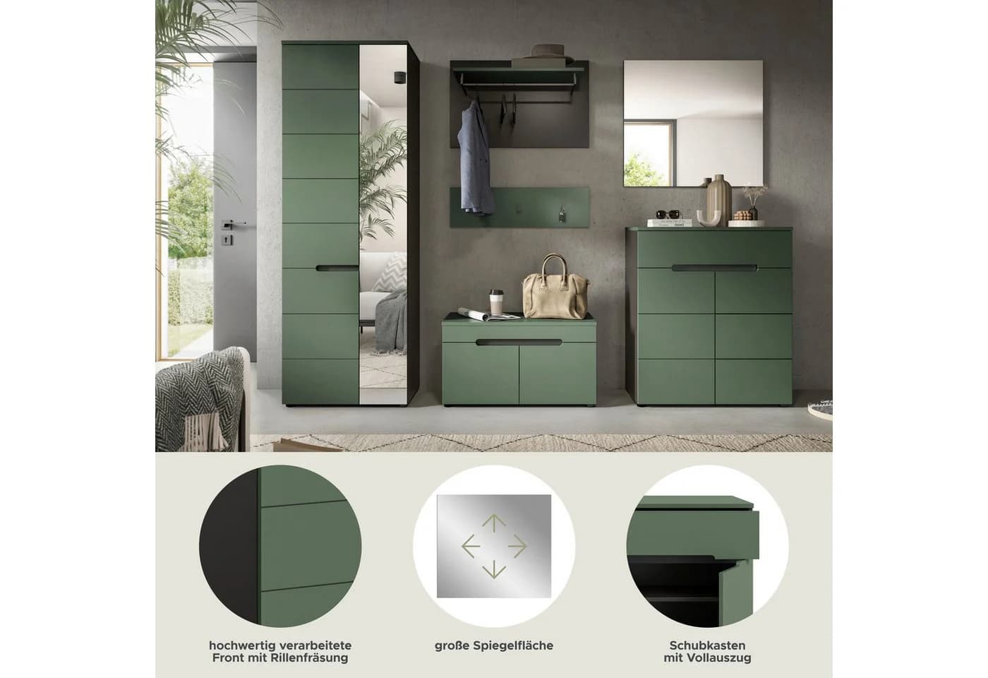 INOSIGN Garderoben-Set Rehat Garderobenkombination 255cm Basalt Grau Smoke Green - Bild 3