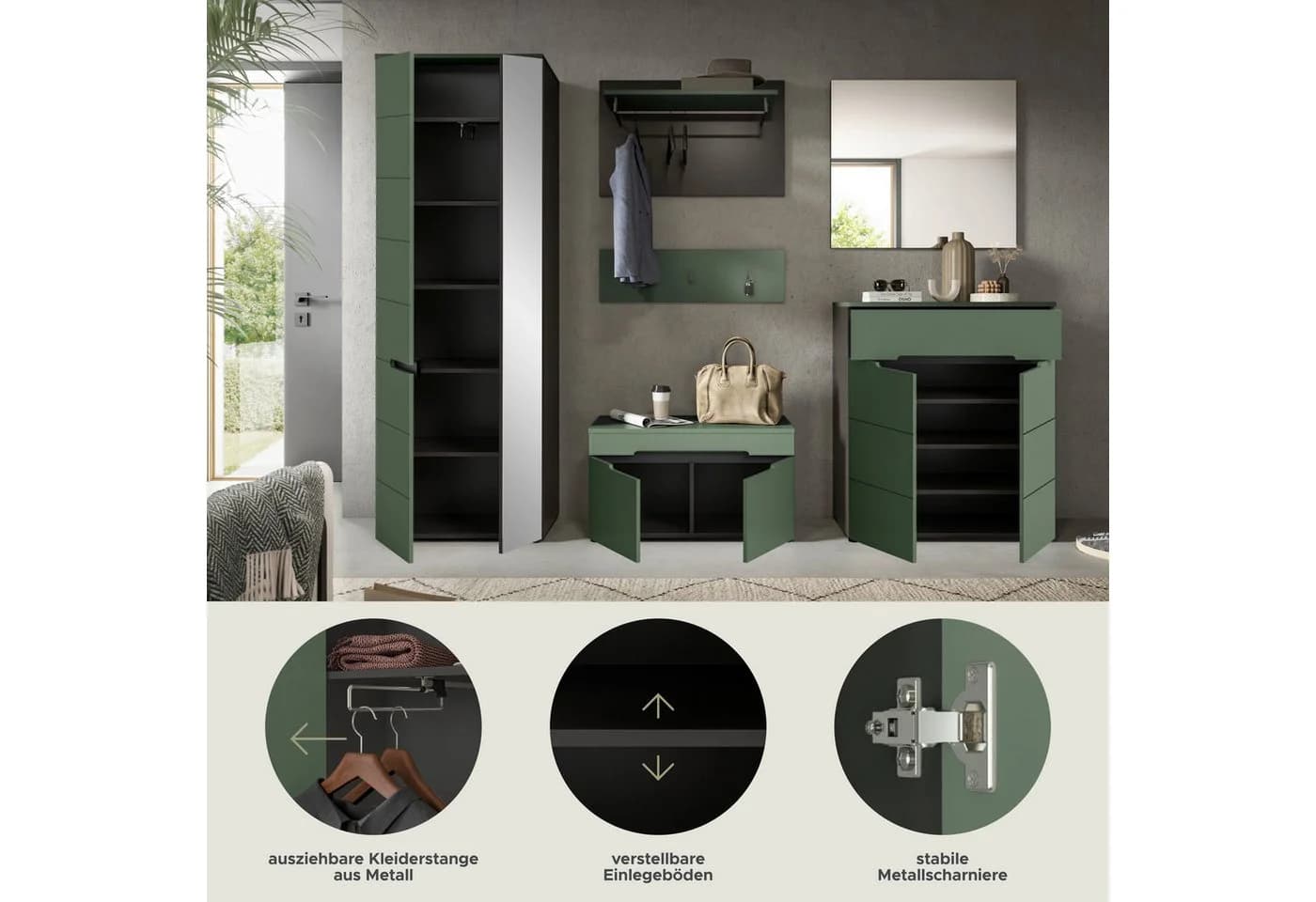 INOSIGN Garderoben-Set Rehat Garderobenkombination 255cm Basalt Grau Smoke Green - Bild 4