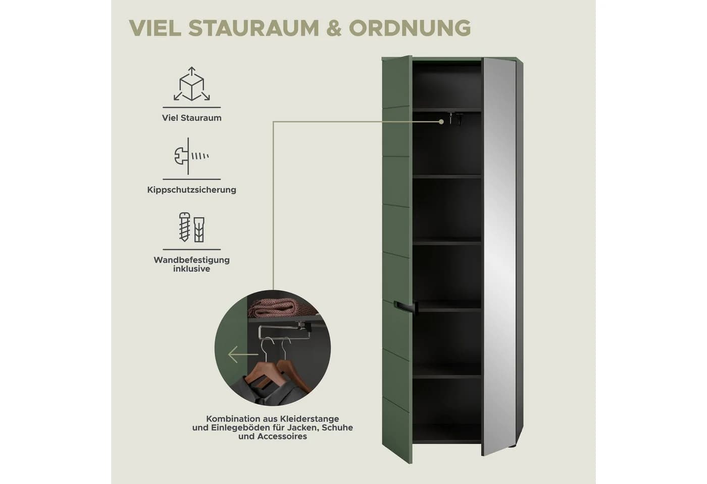 INOSIGN Garderoben-Set Rehat Garderobenkombination 255cm Basalt Grau Smoke Green - Bild 5