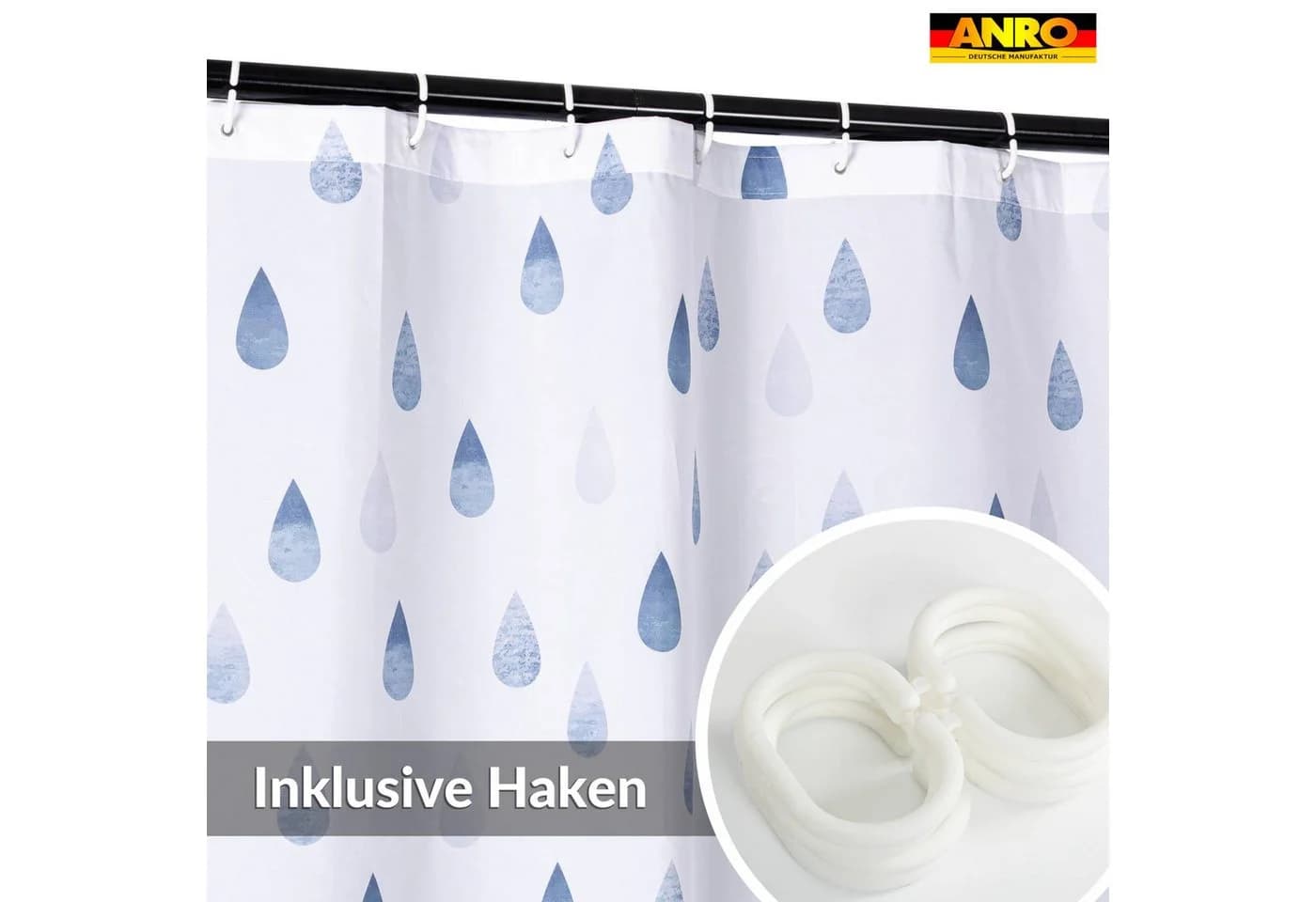 ANRO Duschvorhang FASTY Regentropfen Blau/Grau Polyester