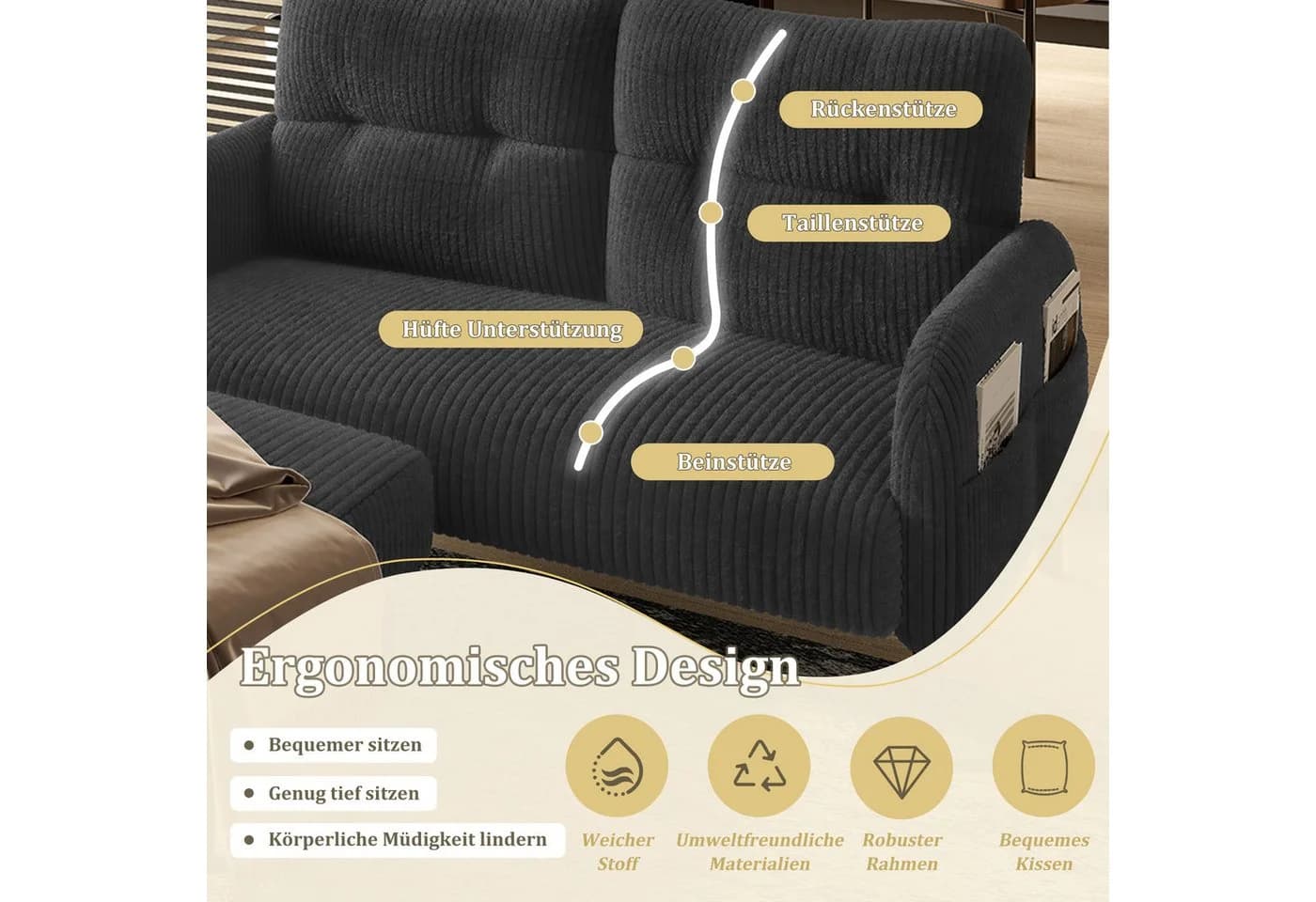 STILVORA Wohnzimmer-Set Cord 3er-Set Loungesofa mit Seitentasche Grau