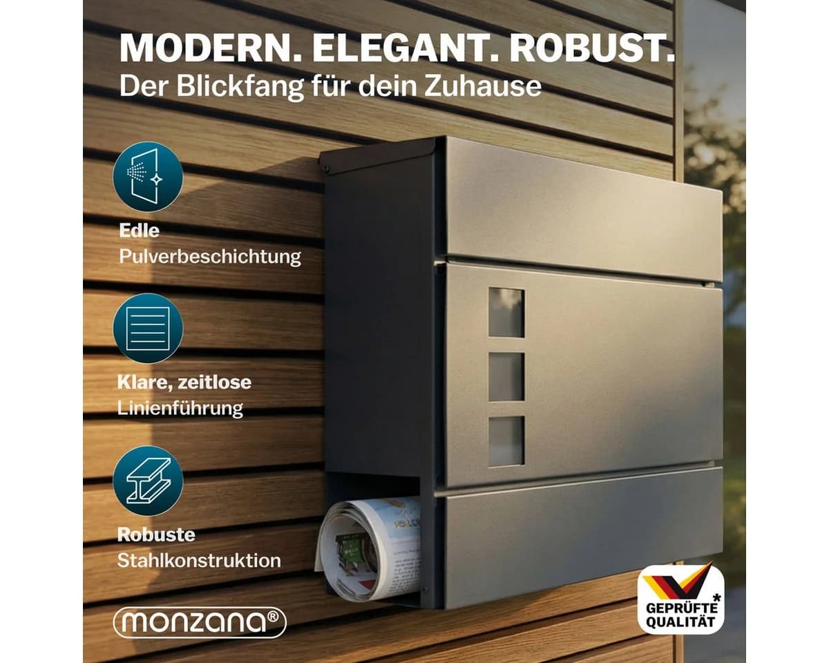 monzana Wandbriefkasten Design Stahl mit Zeitungsfach Sichtfenster 2 Schlüssel