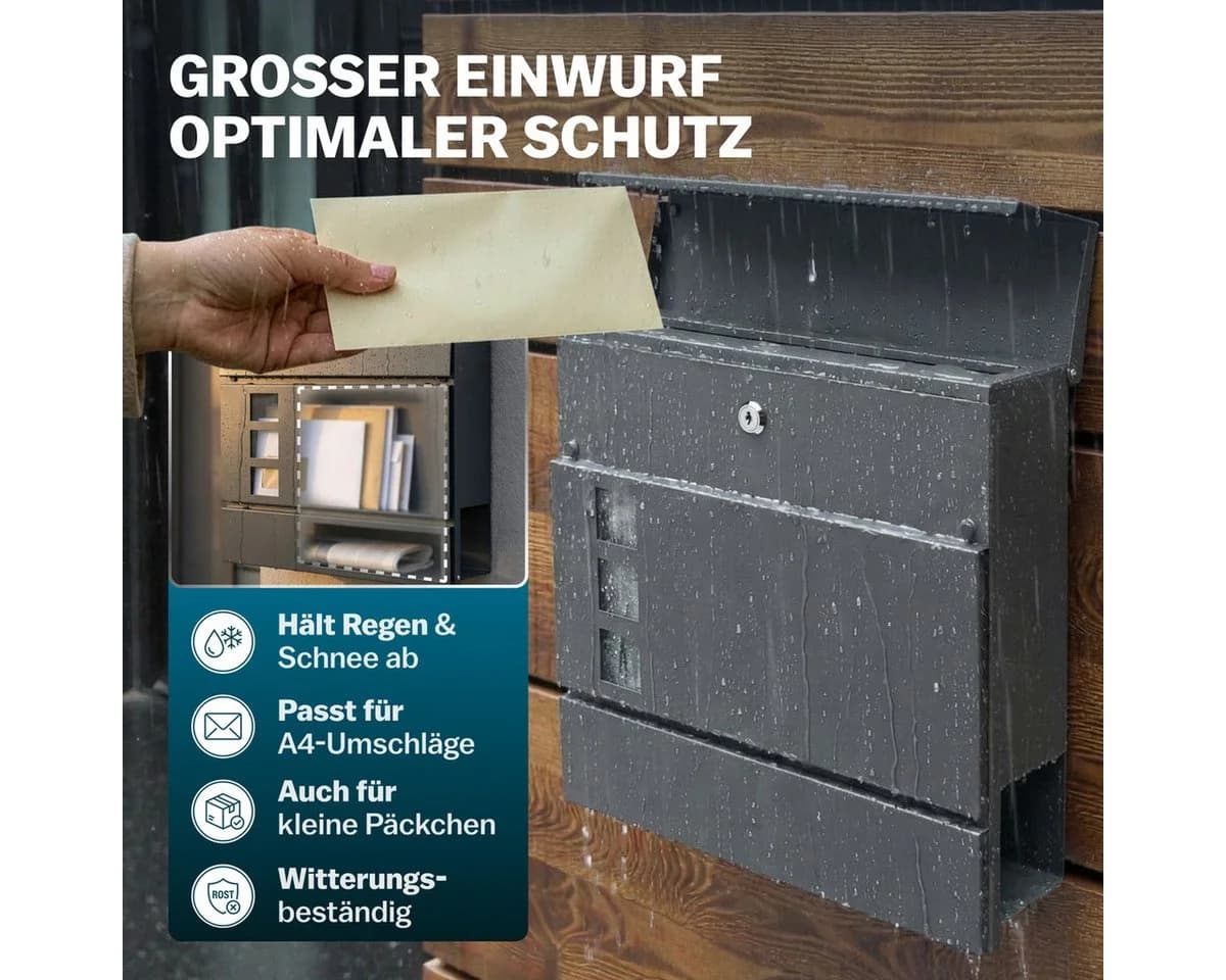 monzana Wandbriefkasten Design Stahl mit Zeitungsfach Sichtfenster 2 Schlüssel - Bild 3