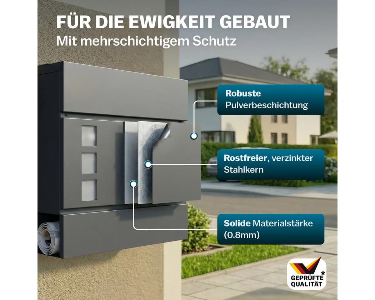 monzana Wandbriefkasten Design Stahl mit Zeitungsfach Sichtfenster 2 Schlüssel - Bild 4