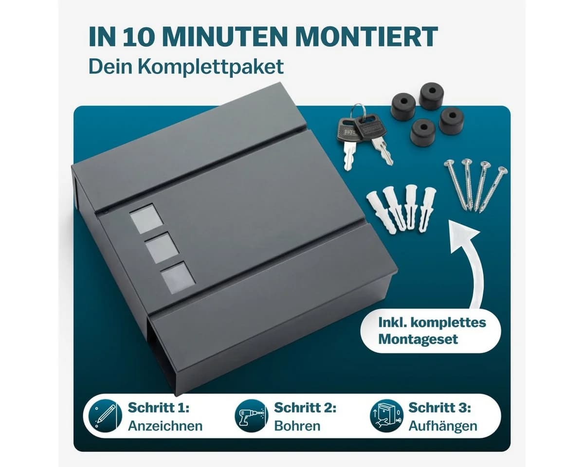 monzana Wandbriefkasten Design Stahl mit Zeitungsfach Sichtfenster 2 Schlüssel - Bild 5