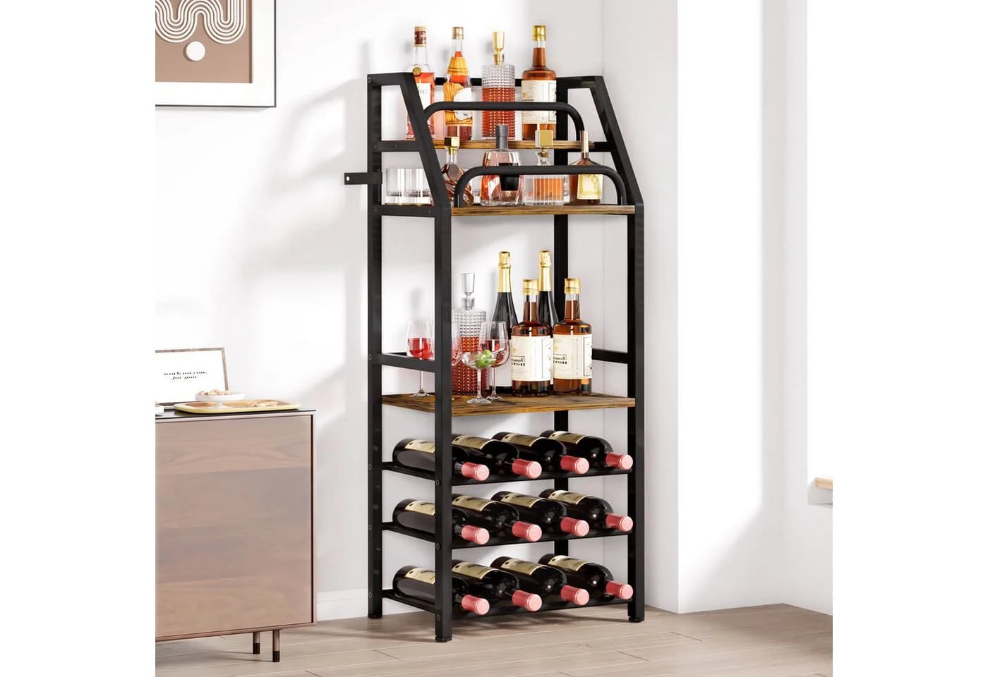 Weinregal aus PB-Platten und Metallrohren im Rustic Stil
