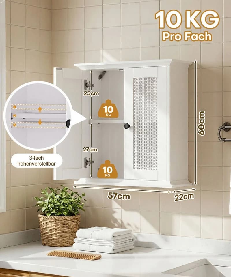 Yorbay Hängeschrank Badezimmerschrank mit Rattanfront Weißer Wandschrank - Bild 5