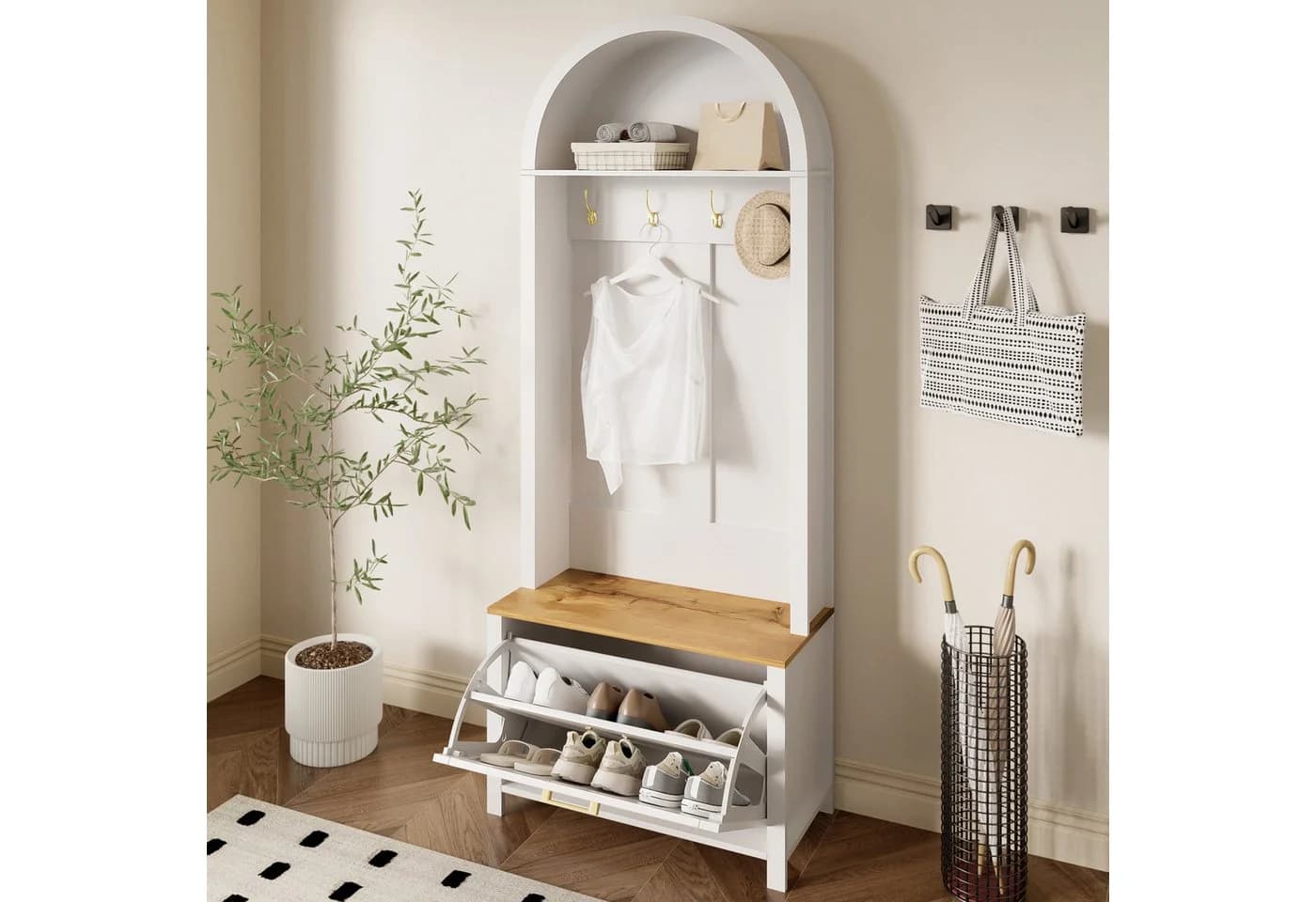 Yorbay Garderobe mit Schuhschrank & Hakenleiste Modern Weiß