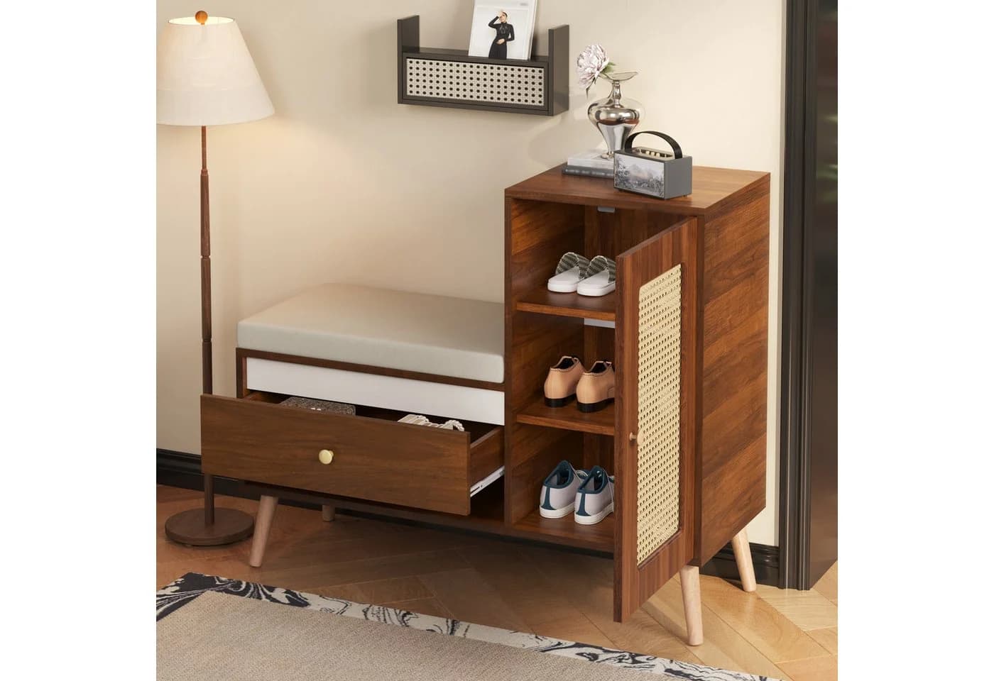 Yorbay Schuhschrank mit Rattan-Optik & Sitzpolster - Bild 5