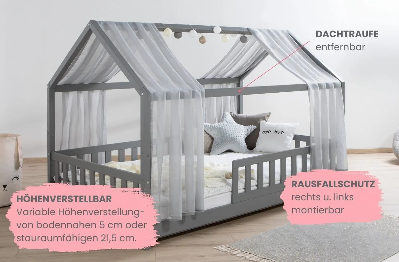 TiCAA Hausbett Kim mit Tüll Montessori Kiefer Massivholz Grau - Bild 3