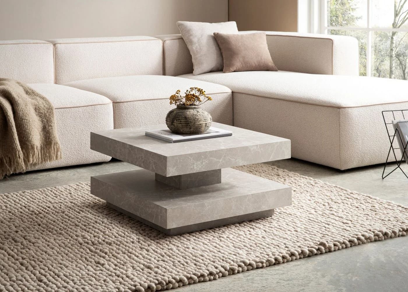 FINEBUY Wohnzimmertisch FB59751 Quadratisch 60 cm MDF Steinoptik Beige Modern