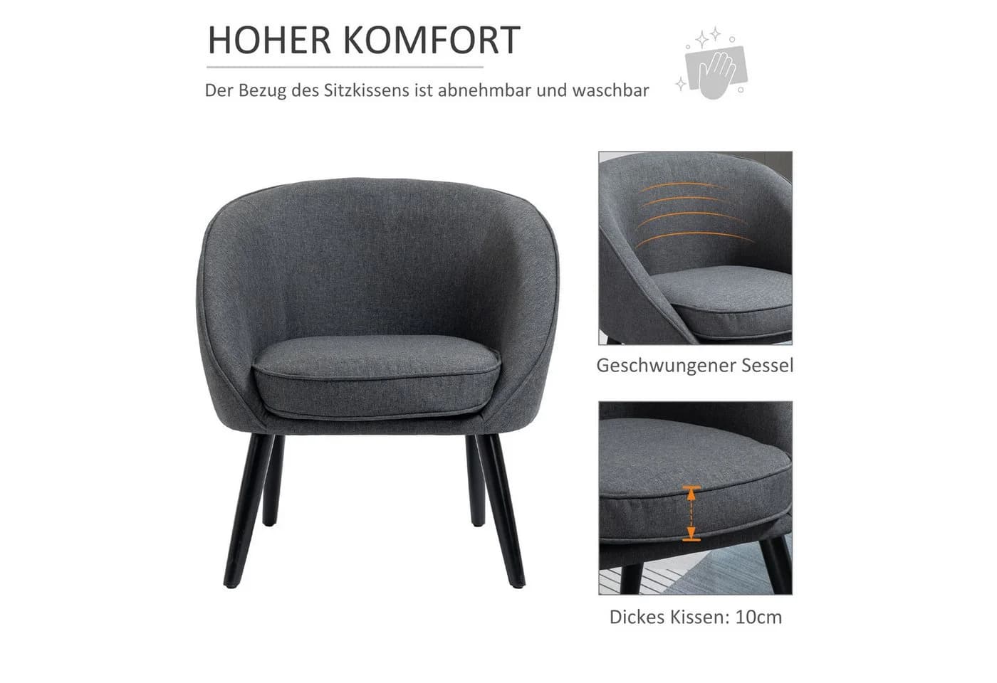 HOMCOM Relaxsessel Grau mit Leinen-Optik und Gummiholzbeinen - Bild 4