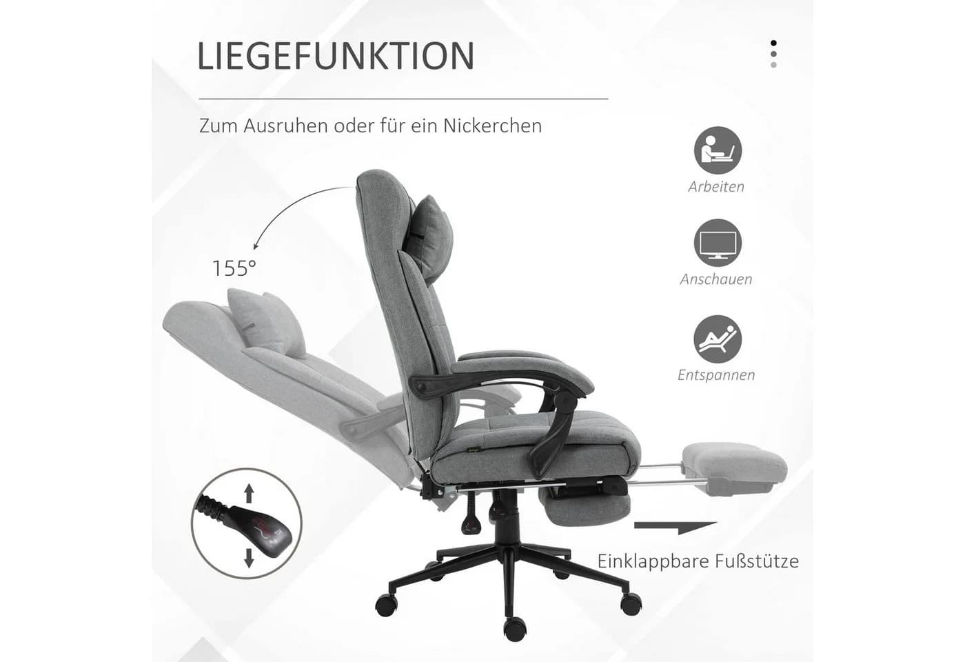 Vinsetto Bürostuhl mit Kopfstütze und Fußstütze Hellgrau - Bild 5