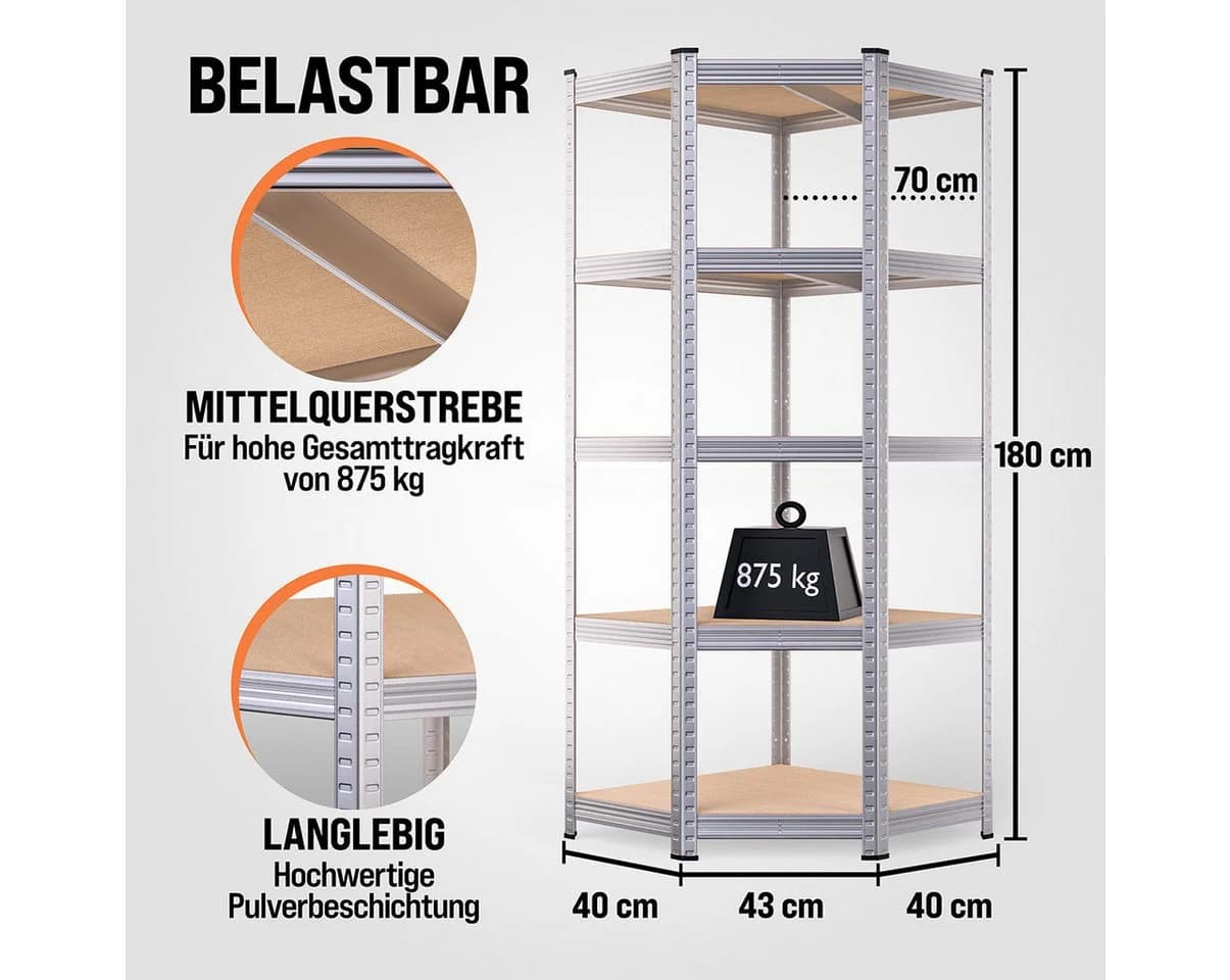 monzana Schwerlastregal Eckregal 180x70x40cm 875 kg 5 MDF-Platten Regal Lagerregal - Bild 3