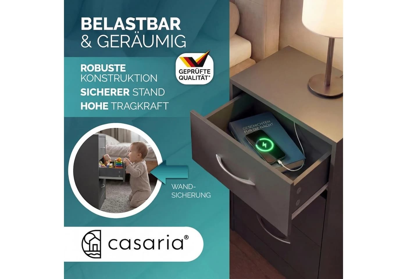Casaria Nachttisch Eloise mit 3 Schubladen & Kabeldurchführung - Bild 4