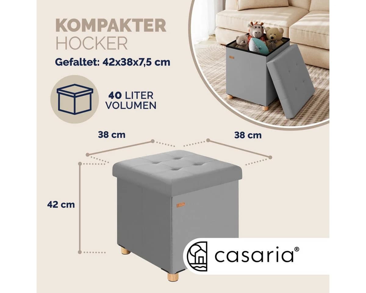 Casaria Sitzhocker Grau Samt Faltbar mit Stauraum - Bild 3