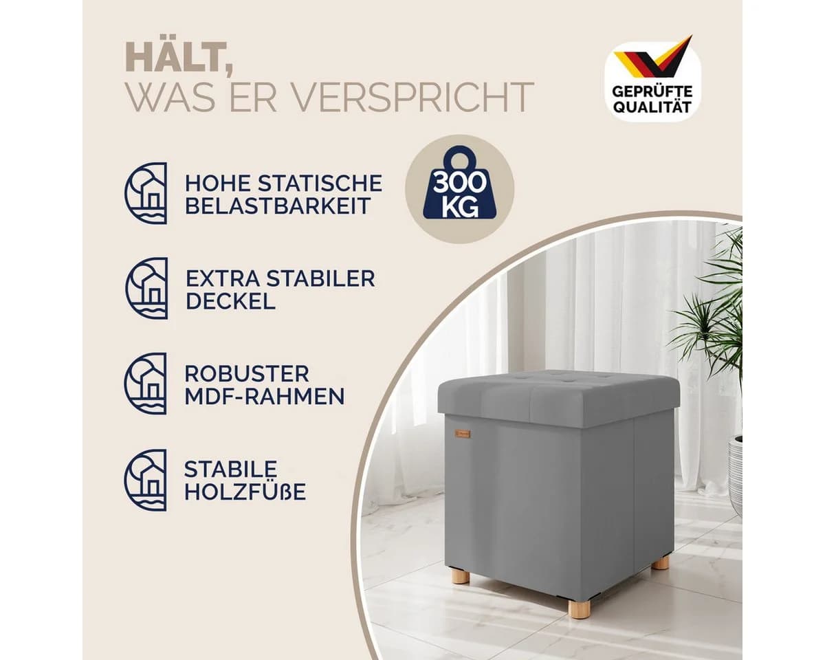 Casaria Sitzhocker Grau Samt Faltbar mit Stauraum - Bild 5