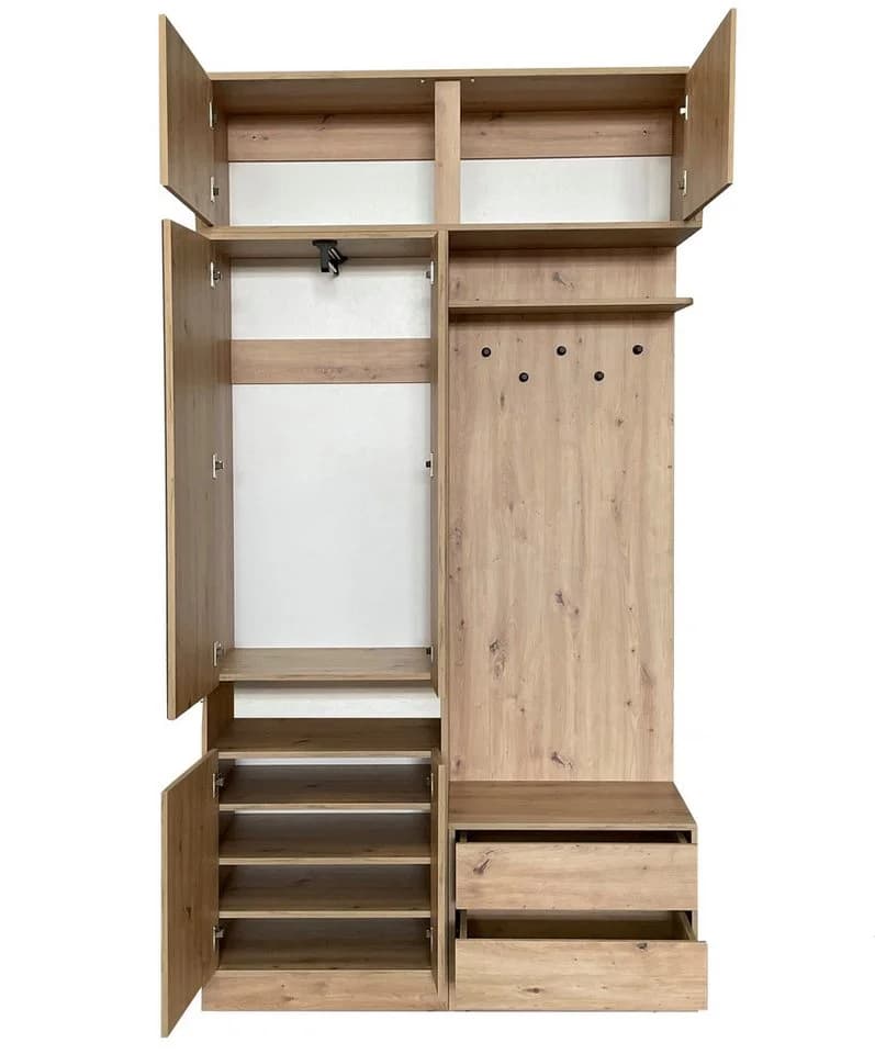 Marmex Möbel Garderobenschrank ARTI mit Spiegel, Schubladen & Sitzkissen Braun