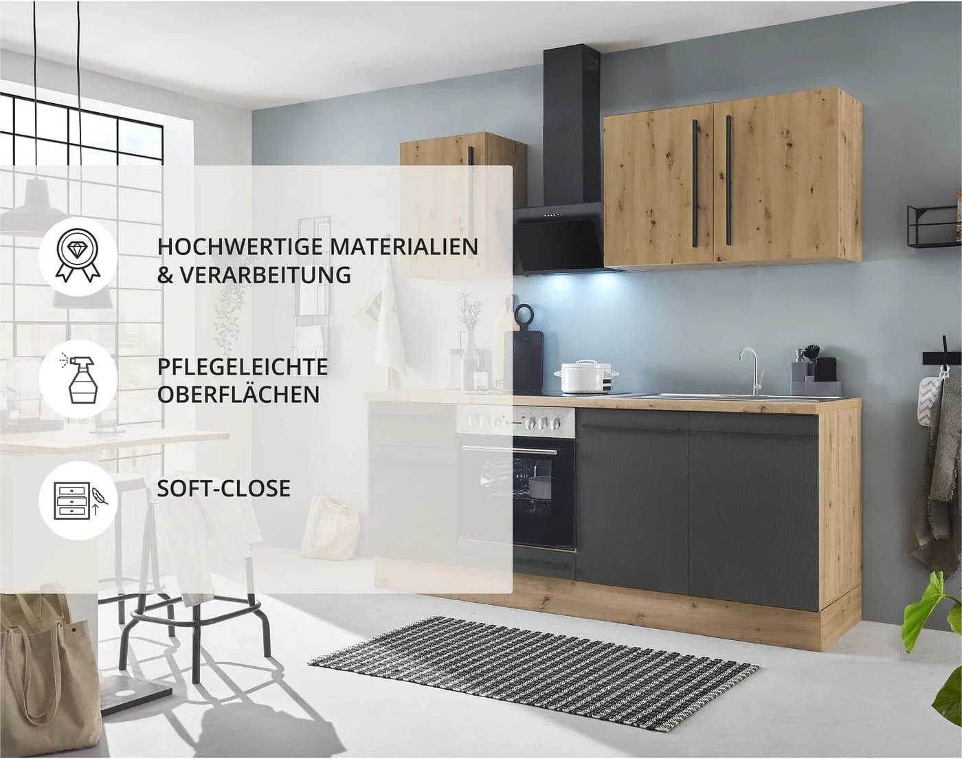 Küchenzeile KS-Florida Schwarz Eiche Artisan 210cm mit Soft-Close - Bild 3
