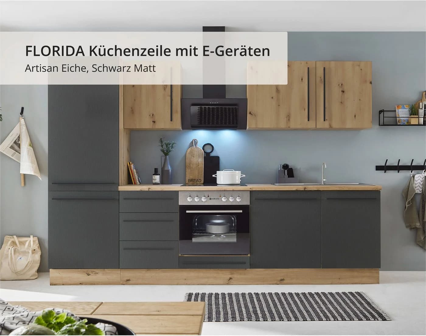 Küchenzeile KS-Florida mit E-Geräten Schwarz Eiche Artisan - Bild 1