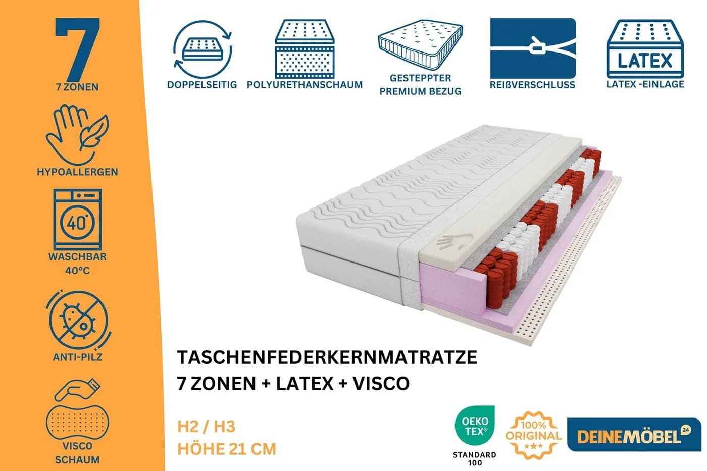 Deine Möbel 24 Taschenfederkernmatratze Visco Latex Schwarz/Weiß H2/H3