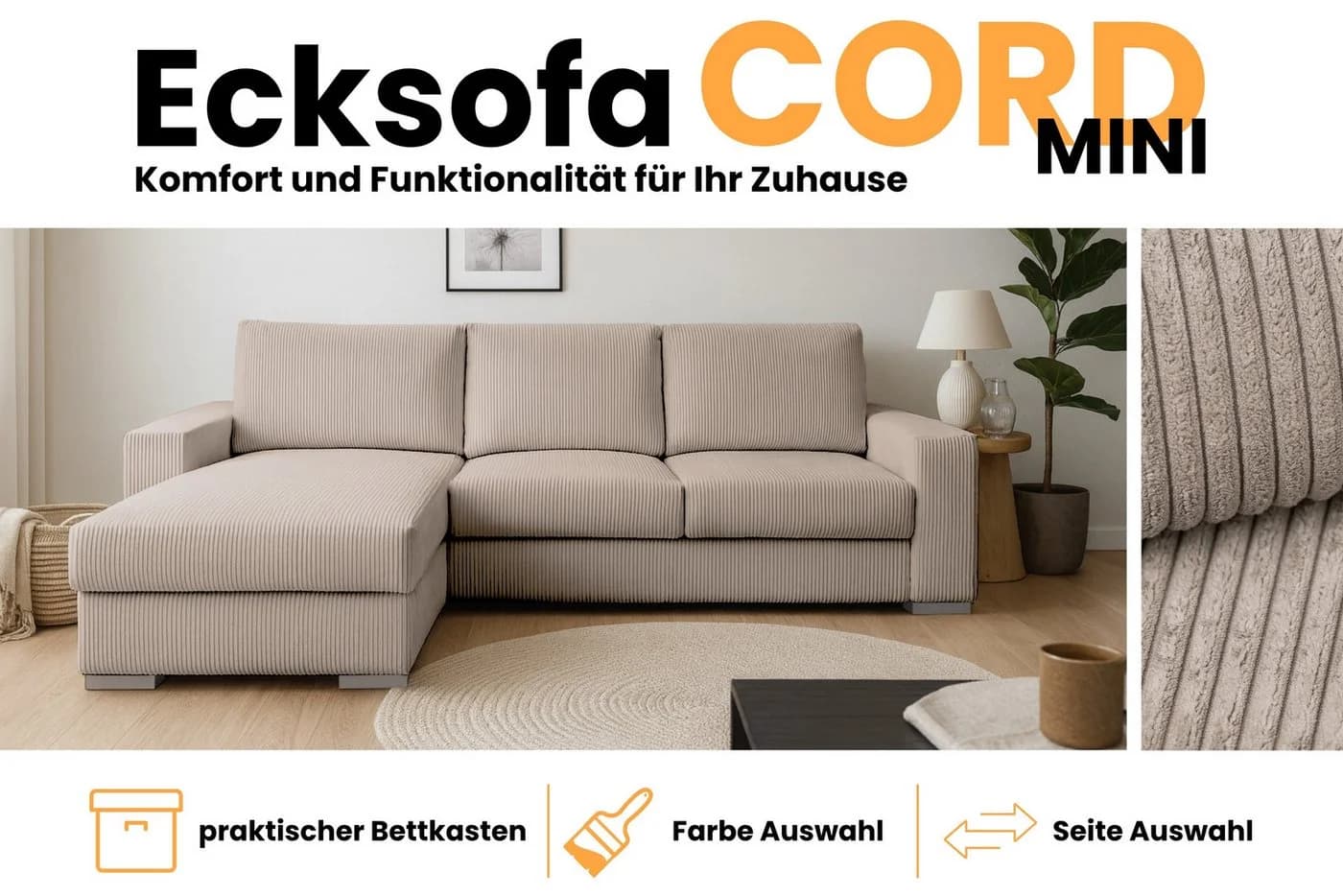 Deine Möbel 24 Ecksofa CORD-L MINI 240 cm mit Schlaffunktion und Bettkasten - Bild 3