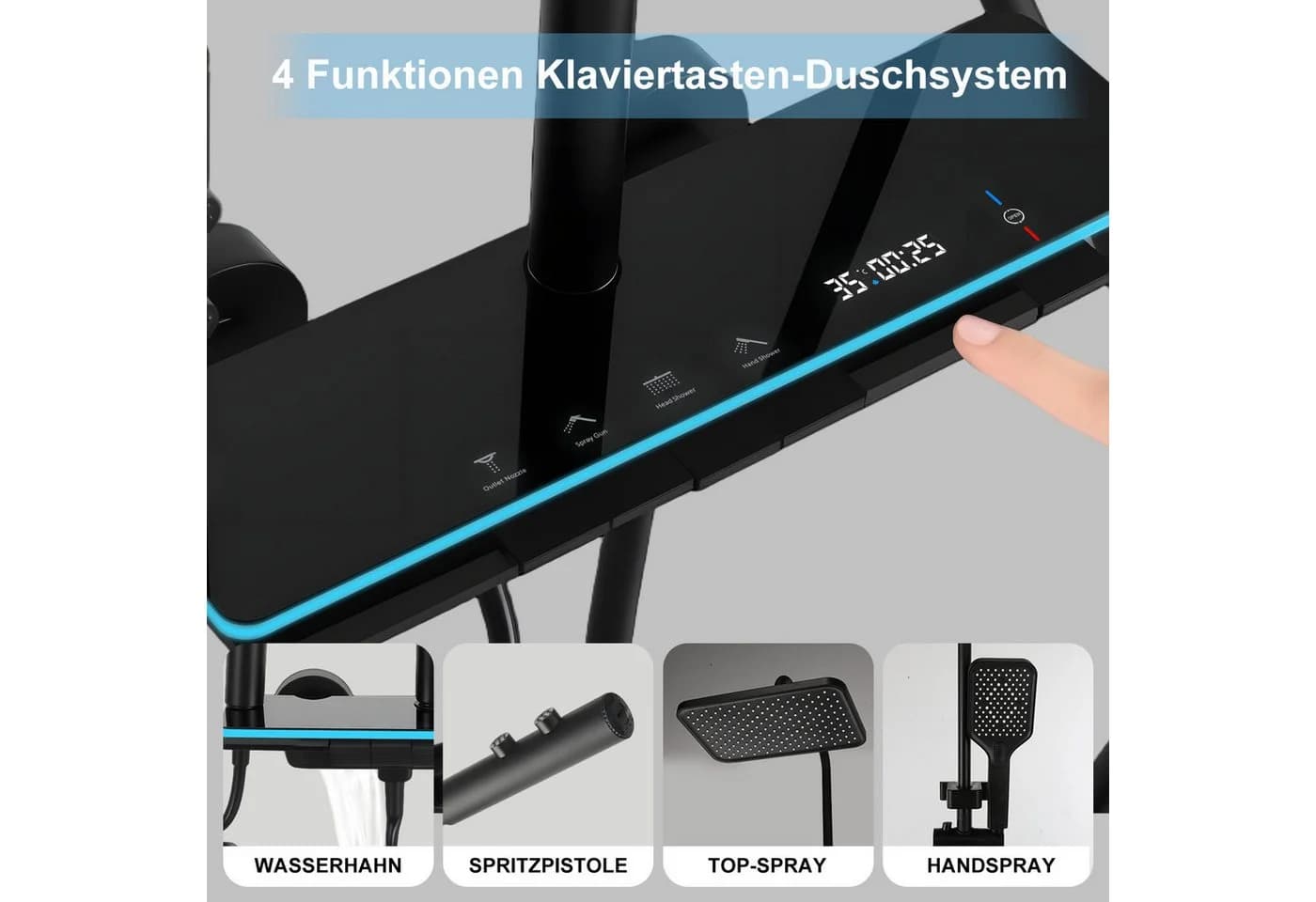 oyajia Brausegarnitur 4-in-1 Duschsystem Edelstahl Schwarz mit LED-Licht - Bild 4