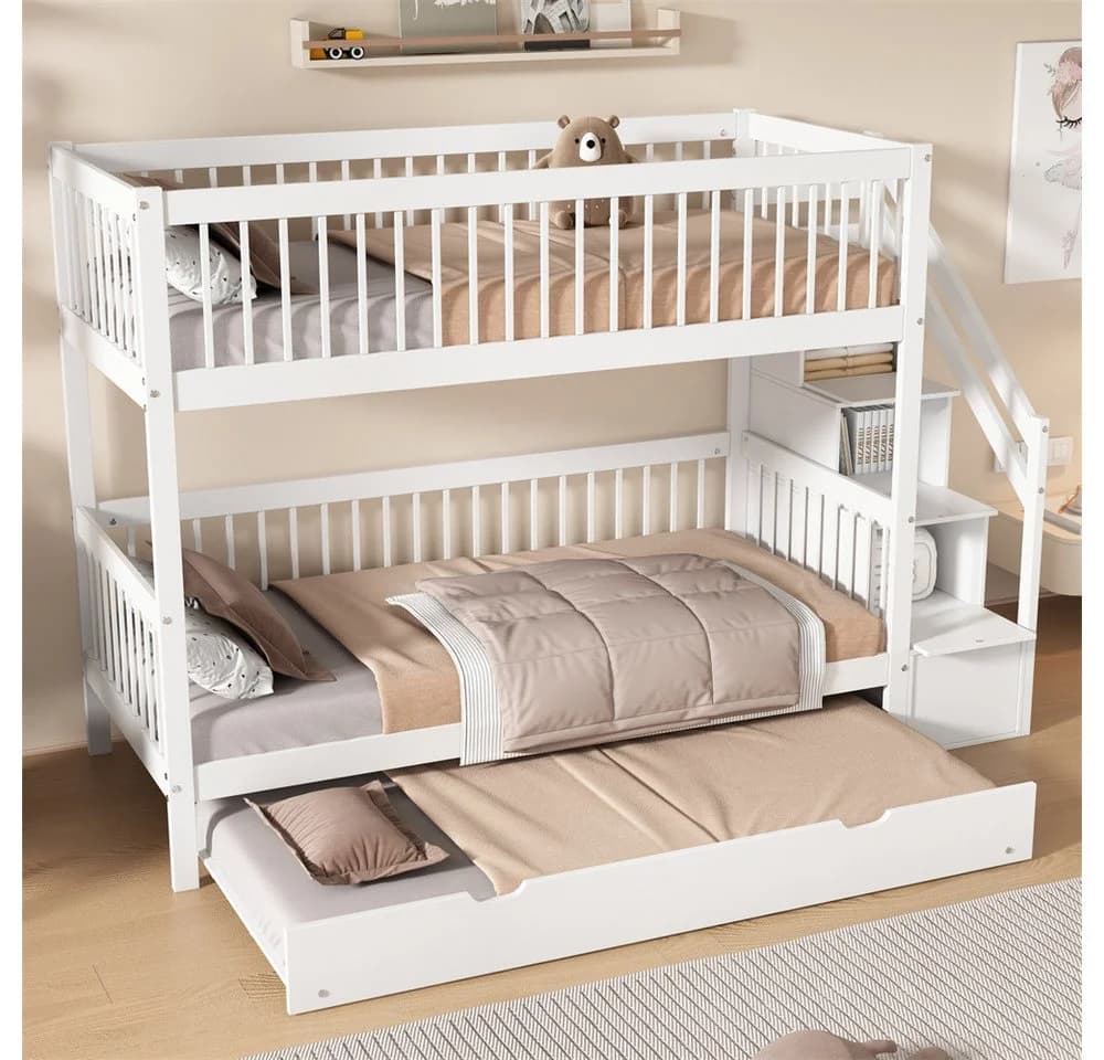 XDeer Etagenbett mit Rollbett und Leiterschrank Weiß