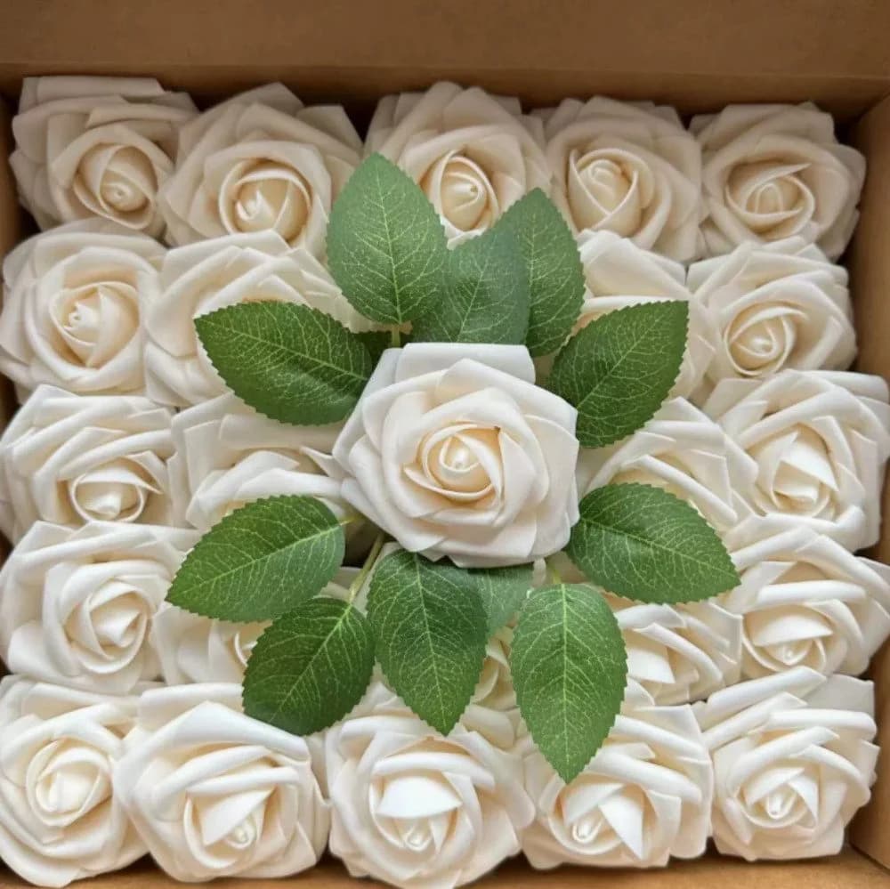 XDeer 25er Set Kunstblumen Rosen Weiß Schaumstoff - Bild 2
