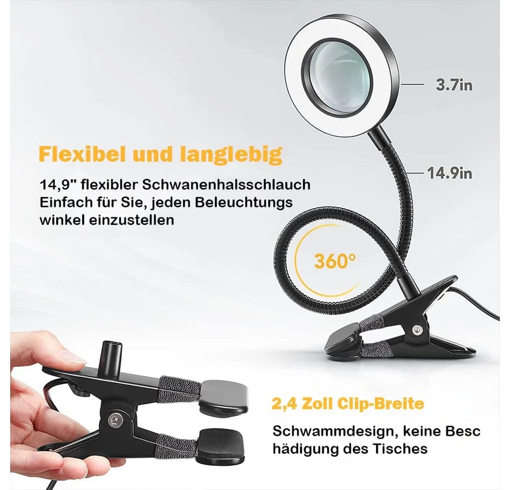 PRIISF Klemmleuchte LED Lupenleuchte Schwarz 5X Dimmbar