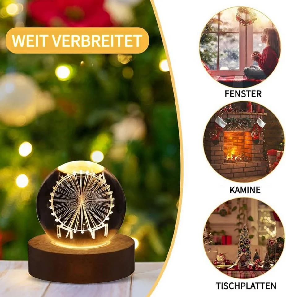 PRIISF LED Dekolicht 3D-Kristallkugel Nachtlicht Galaxie Holzsockel - Bild 3