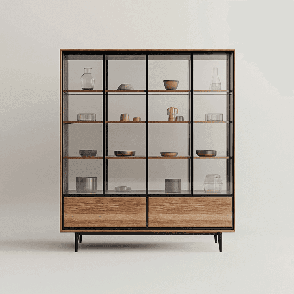 Schrank mit Glasfront und Regalen gefüllt mit Vasen, Töpfen und Krügen.