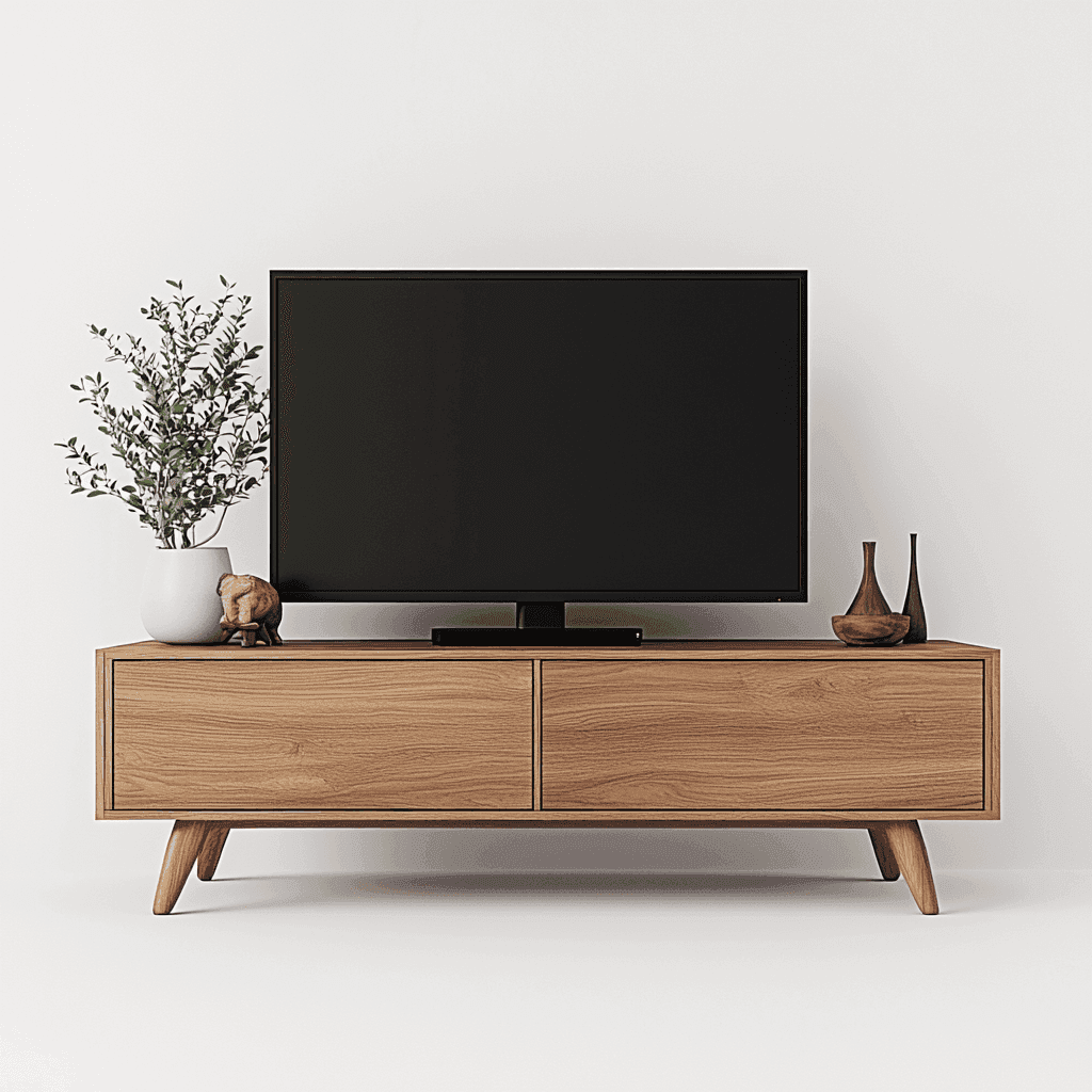 TV-Schrank mit Fernseher, Pflanze und zwei Vasen. Schwarz-weiß.