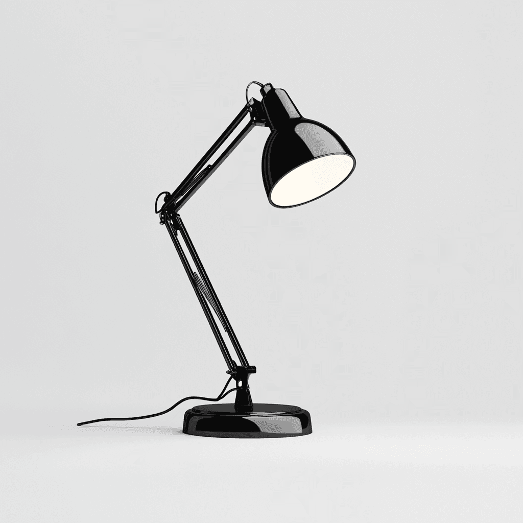 Schwarz lackierter Tischleuchte mit Armlehne und weißem LED-Lichtstrahler.