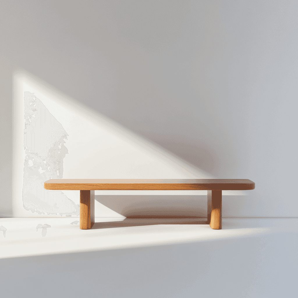 Ein einfacher Tisch mit flacher Oberfläche und zwei Holzbeinen steht vor weißem Hintergrund. Ein Lichtstrahl beleuchtet die Tischplatte.
