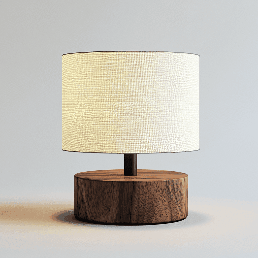 Ein weißes Tischleuchtenmodell mit Holzbasis auf grauem Hintergrund.