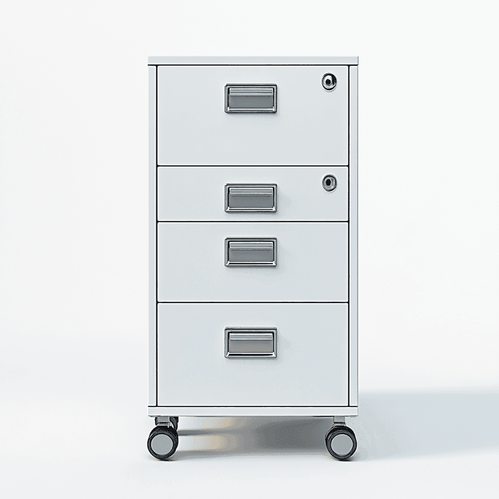 Büro-Schreibtischfach mit vier Schubladen und Schloss auf Rollenunterbau, ähnlich einem Aktenschrank.